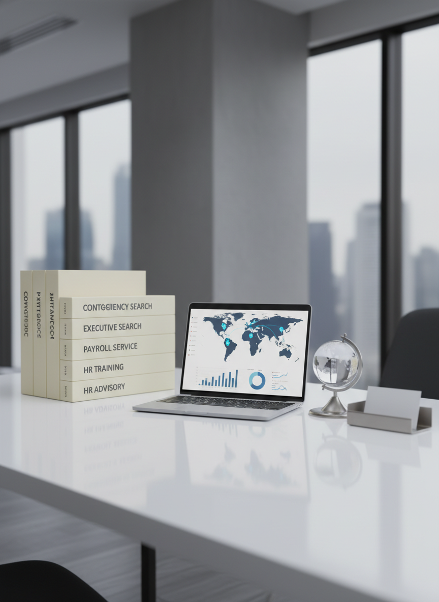 A polished white desk in a contemporary HR consultancy office, featuring neatly stacked folders titled “Contingency Search”, “Executive Search”, “Payroll Service”, “HR Training”, and “HR Advisory” in clean, modern typography. Next to them, a slim, silver laptop displays an analytics dashboard and global map highlighting Hong Kong, Singapore, the Middle East, and Asia Pacific. A small glass globe and a brushed metal business card holder add subtle sophistication. Cool, balanced studio lighting creates a clean, shadow-softened scene with gentle reflections. Shot from an eye-level perspective with centered composition and photographic realism, the atmosphere is precise, efficient, and globally focused, ideal for showcasing professional recruitment services.